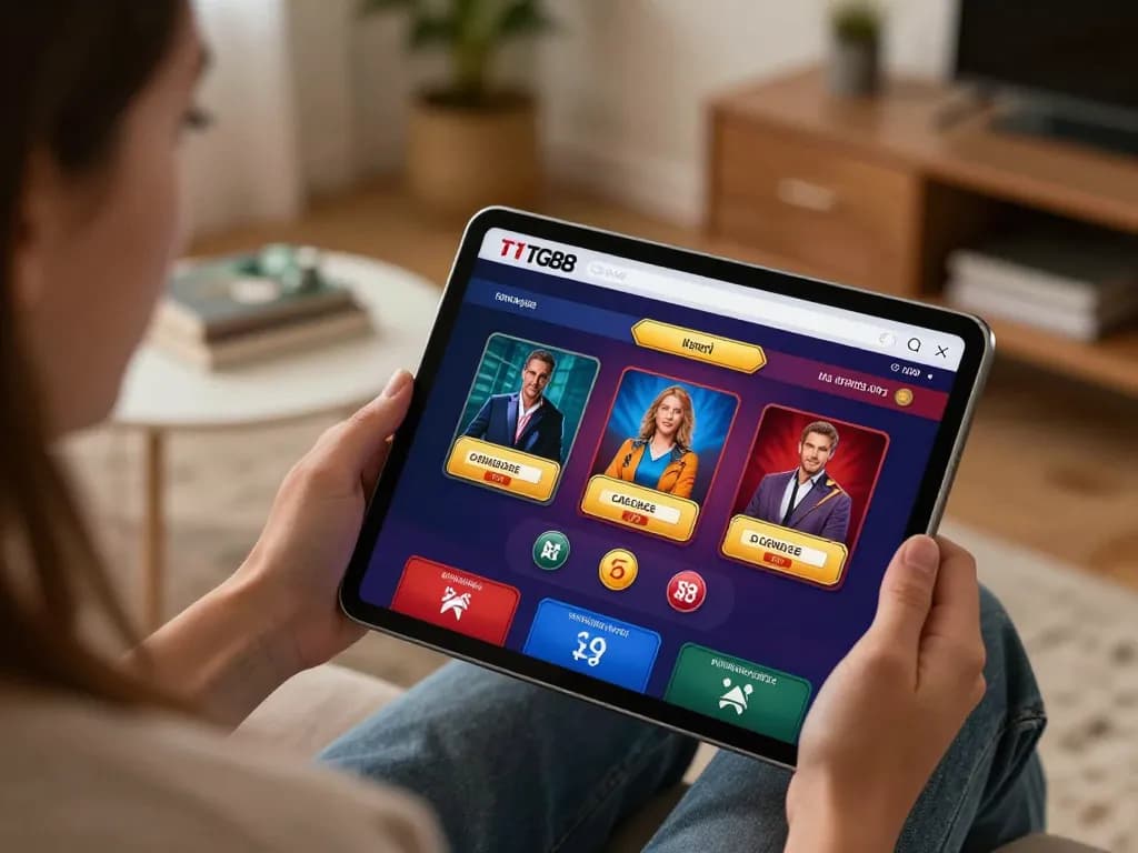 TG88 user enjoying online casino gaming on a tablet in a cozy modern living room
