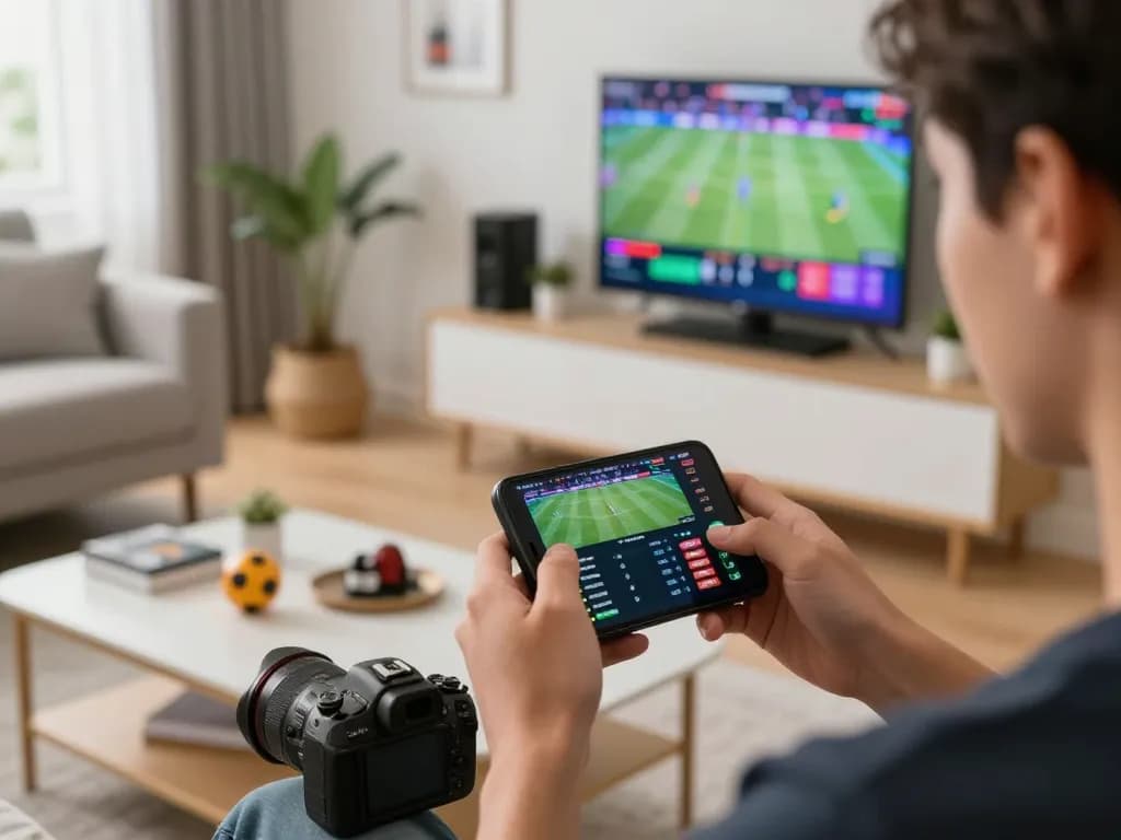 Bet on fabet while enjoying live sports on a smartphone in a stylish home environment.