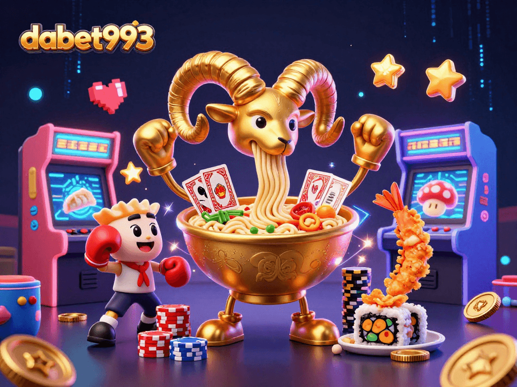 Engage with dabet993's dynamic casino experience featuring a giant ramen bowl dealer and vibrant game elements.