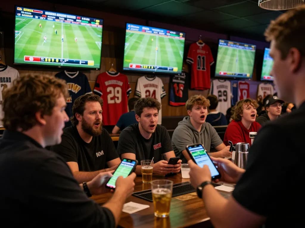 Engaged patrons at 7m-7m sports betting bar cheering for live games while placing bets on mobile.
