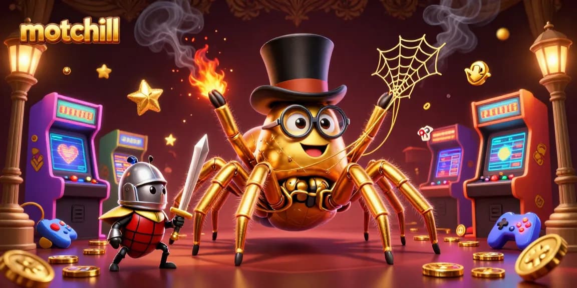Engage with motchill's vibrant casino scene featuring a golden tarantula and beetle knight amidst vivid gaming elements.