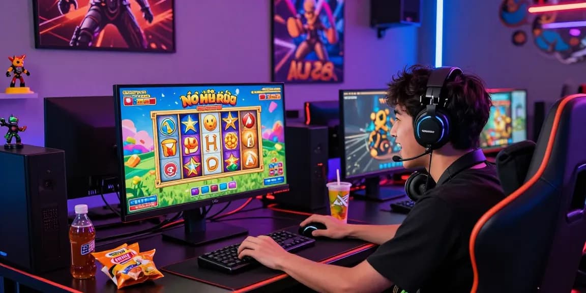 Player immersed in nổ hũ au88 gaming with vibrant visuals in a stylish gaming room.