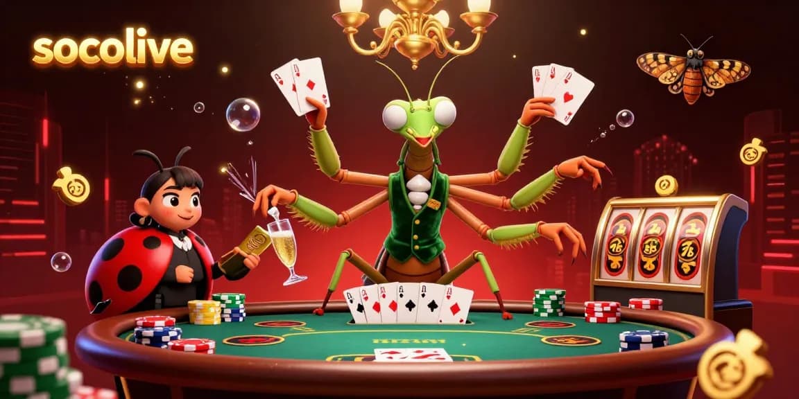 Socolive offers an exciting gambling scene with a giant mantis and ladybug dealing cards amidst poker tables and chips.