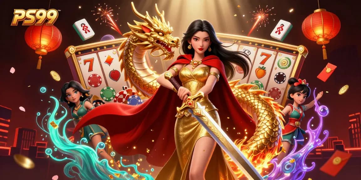 Experience thrilling gaming action at PS99 with vibrant 3D casino illustration showcasing winnings.