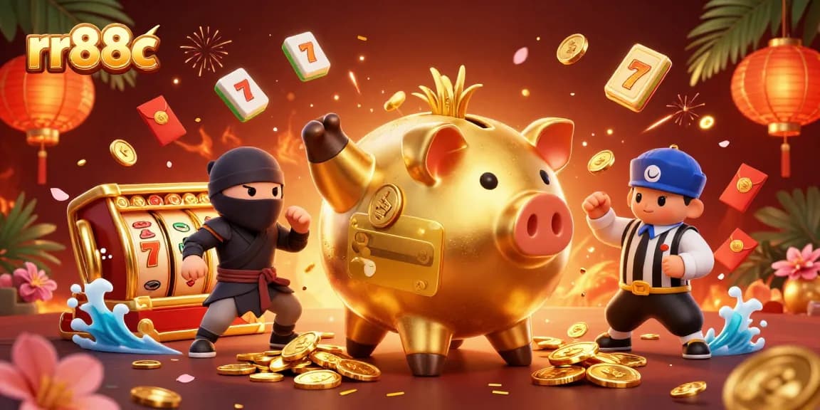 Spin and win with rr88c as joyful casino characters celebrate amidst golden coins.
