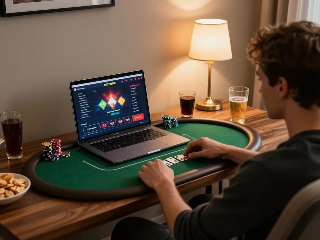 Player enjoying a thrilling online poker game with XOCDIA88 interface in cozy environment.