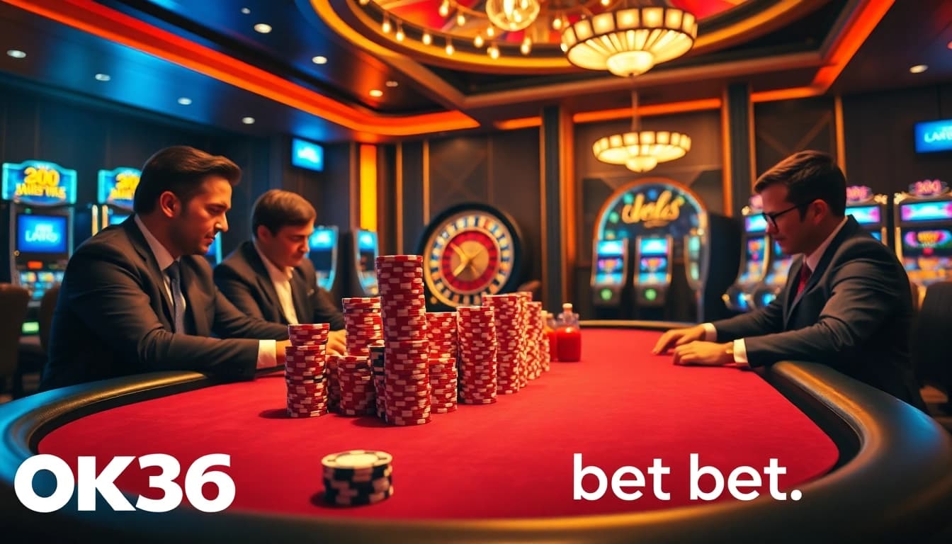 Experience the thrill of betting at OK365 bet with an exciting casino environment featuring poker and roulette.