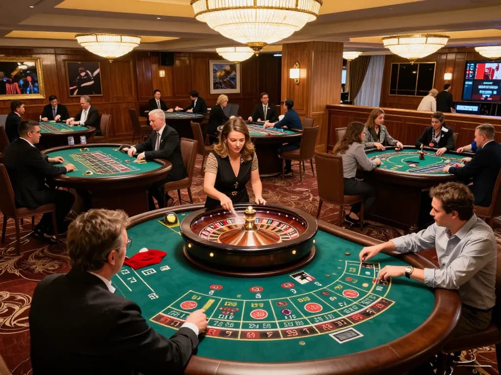 Engaged players placing bets at the roulette table featuring 79King's gaming excitement in an upscale casino