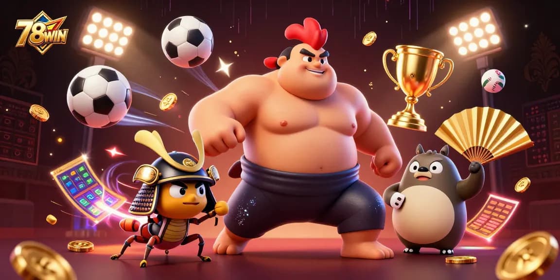Engage with the dynamic action of 78WIN featuring a powerful sumo rooster, fierce cricket fighter, and tanuki announcer in a vibrant casino scene.