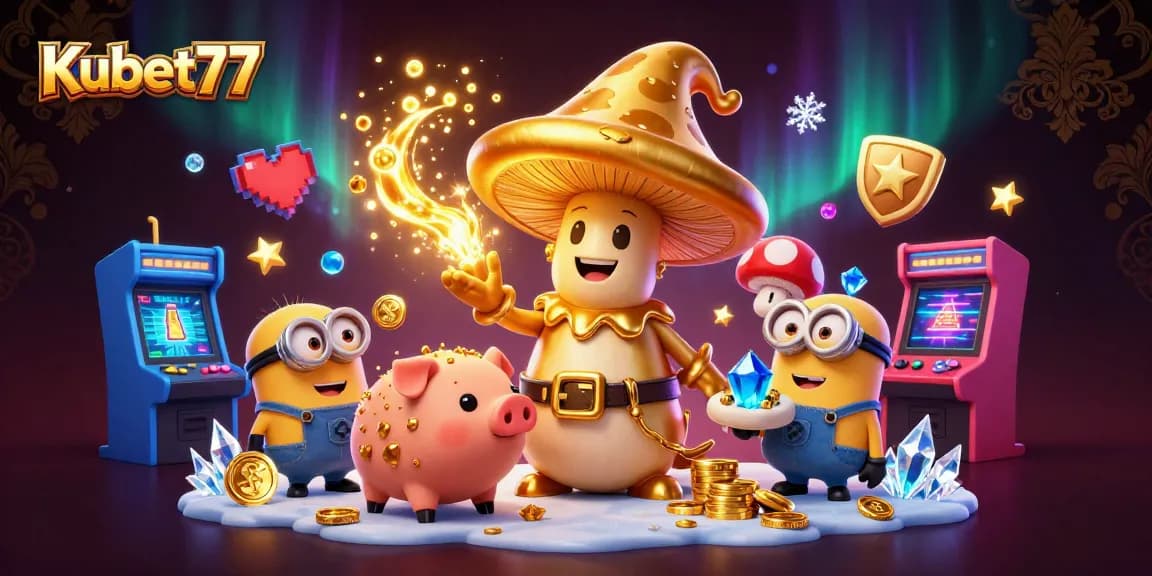 Kubet77 gamblers experience magic in a vibrant 3D casino scene with treasures and game elements.