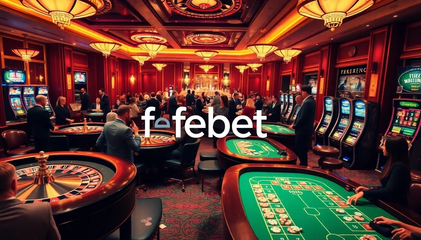 Experience the excitement of febet at a luxury casino with vibrant gaming tables and players engrossed in action.