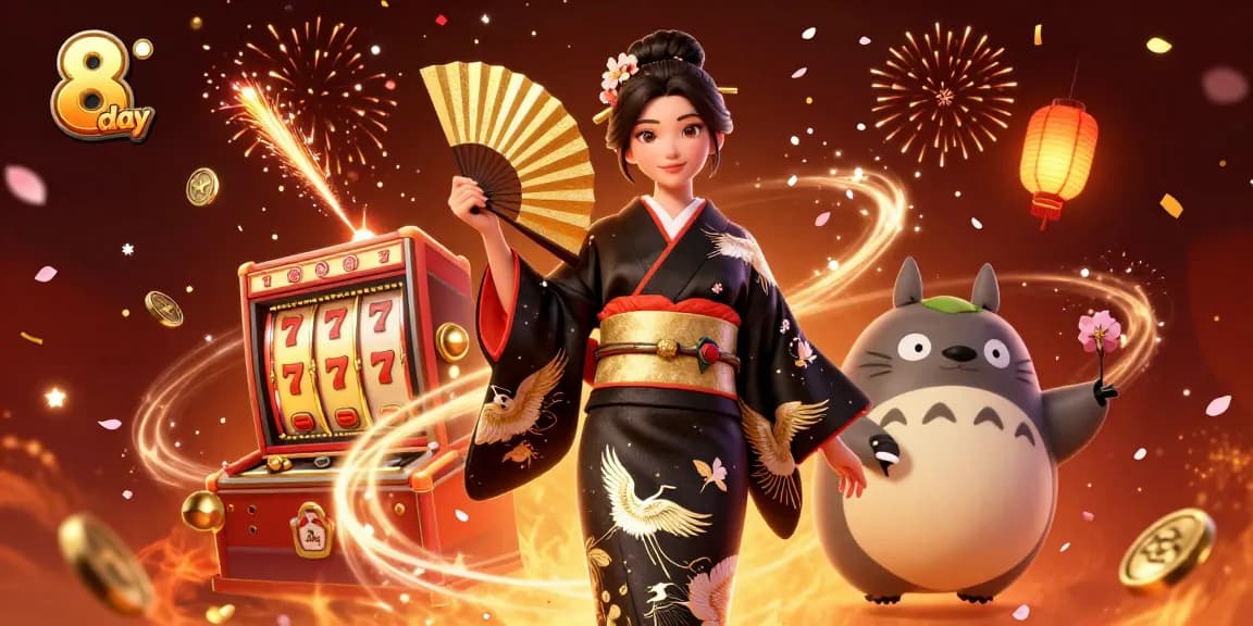 Engage in thrilling slots action with 8 day, featuring a scene of a woman in a kimono and a wise tanuki.