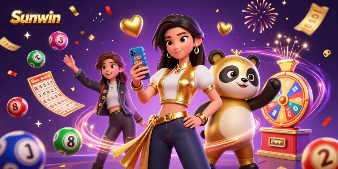 Experience thrilling casino action with Sunwin's vibrant gaming scene featuring a woman and a golden panda.