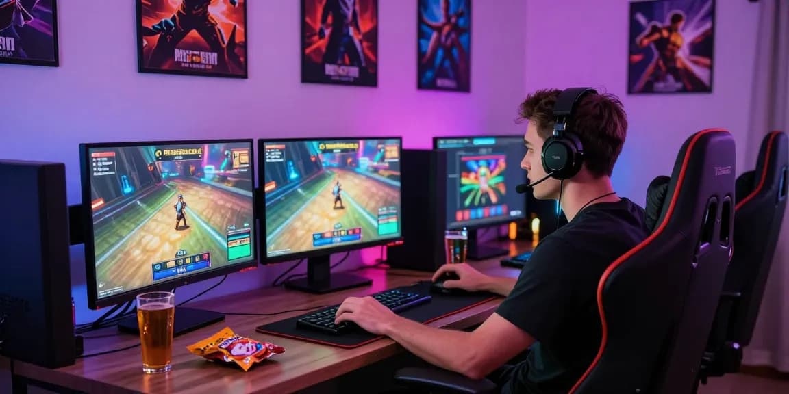 Aufgeregter Spieler an einem Paysafe Card Casino, vertieft in das Spielgeschehen mit mehreren Monitoren.