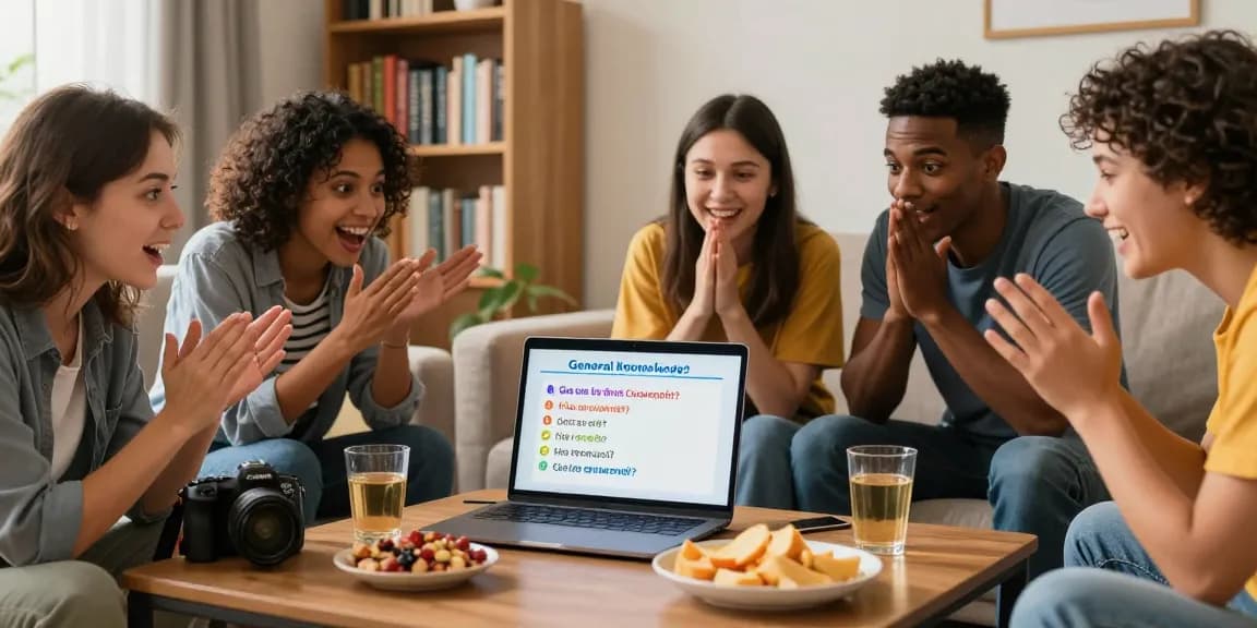 Spaß an Quiz Allgemeinwissen in einer gemütlichen Wohnzimmeratmosphäre mit Freunden.