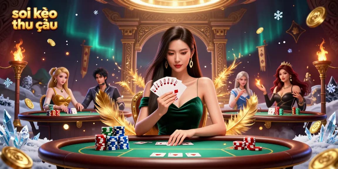 Soi kèo nhà cái with a beautiful Asian woman at a poker table, winning strategies in a vibrant casino atmosphere
