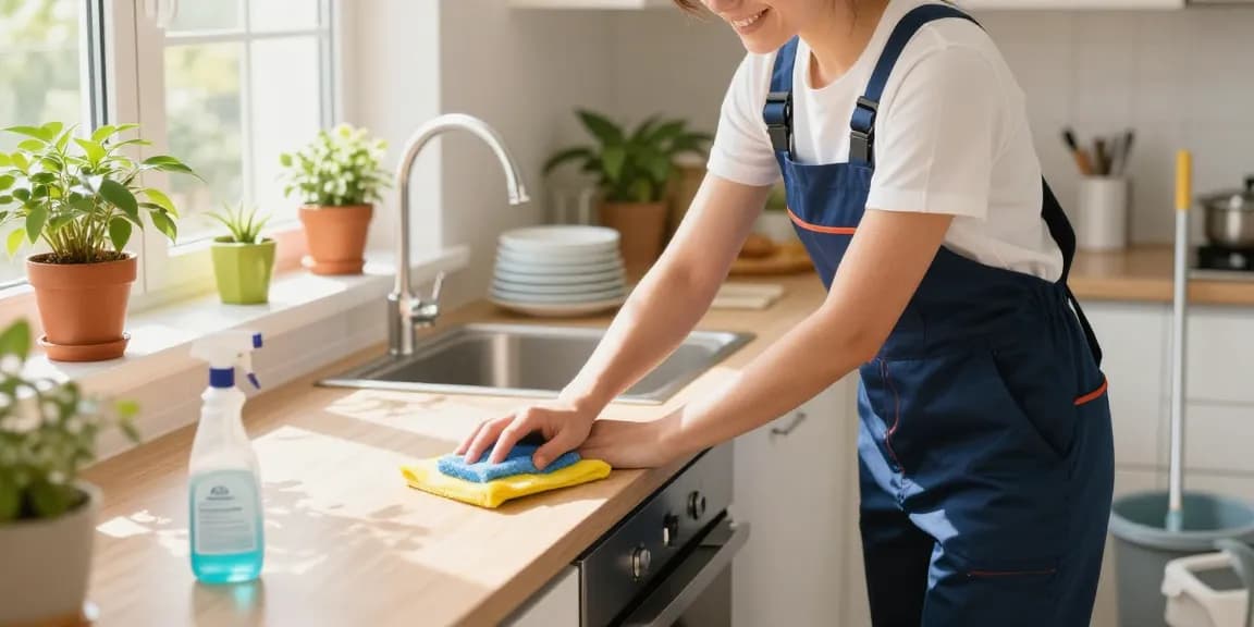 Expert cleaner from reinigungsfirma solothurn providing meticulous home cleaning service in a bright kitchen.