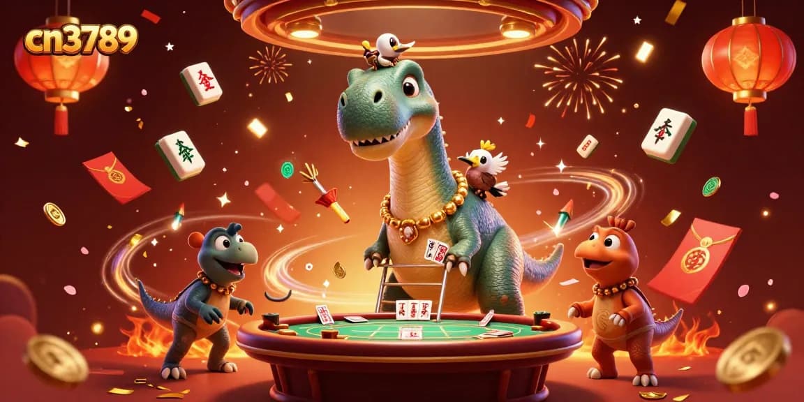 Engage with the vibrant atmosphere at cn3789 featuring a giant brontosaurus overseeing a poker game.
