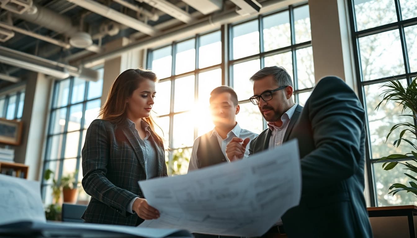 Headhunter Ingenieure berät Kunden in einem modernen Büro mit Plänen und Technik.
