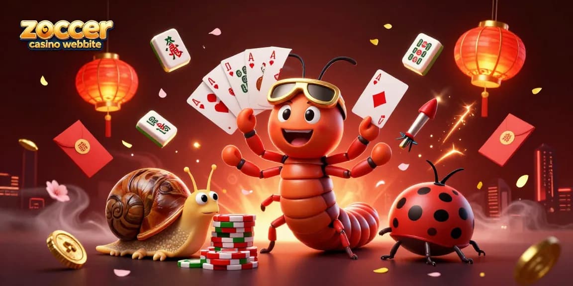 Zoccer Casino Website: Aufregende 3D-Erfahrung mit einem Tausendfüßler-Dealer, der Karten hält, und einem Schneckenspieler mit Jetons