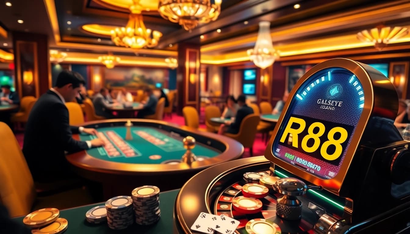 Experience the thrilling RR88 casino atmosphere with players enjoying poker and roulette.