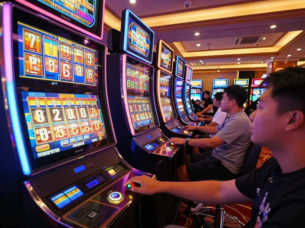 Players engage with vivid slot gacor machines, pressing spin buttons in a lively casino atmosphere.