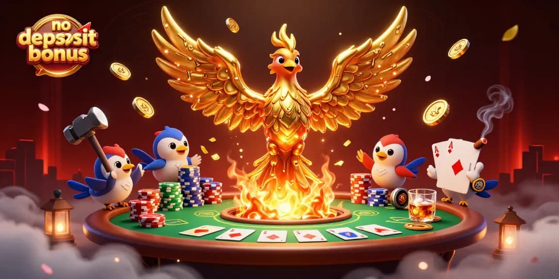 Explore no deposit bonus offers with a dynamic phoenix and poker elements in this vibrant casino scene.