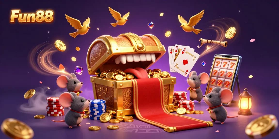 Fun88 players winning big with animated 3D treasure chest and vibrant casino elements