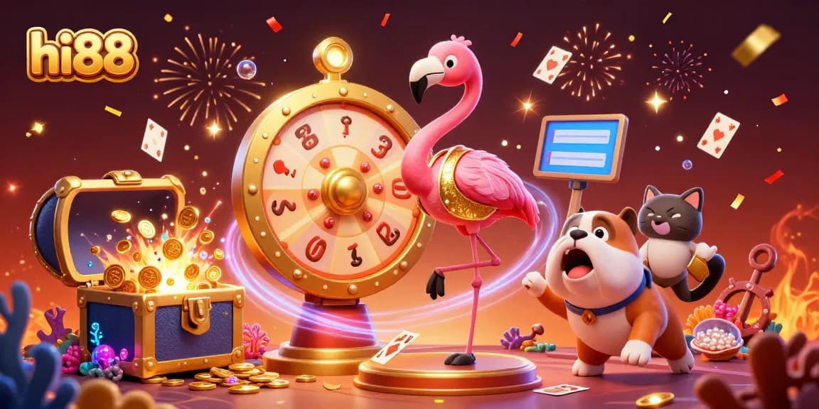 Spin the prize wheel at hi88 with characters celebrating in a vibrant casino scene.