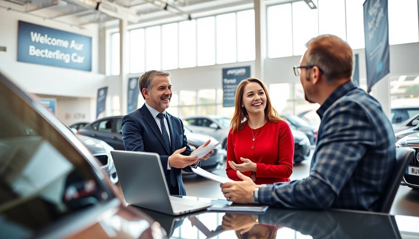 Autoankauf Beratung in einem modernen Autohaus mit Berater und Kunde.