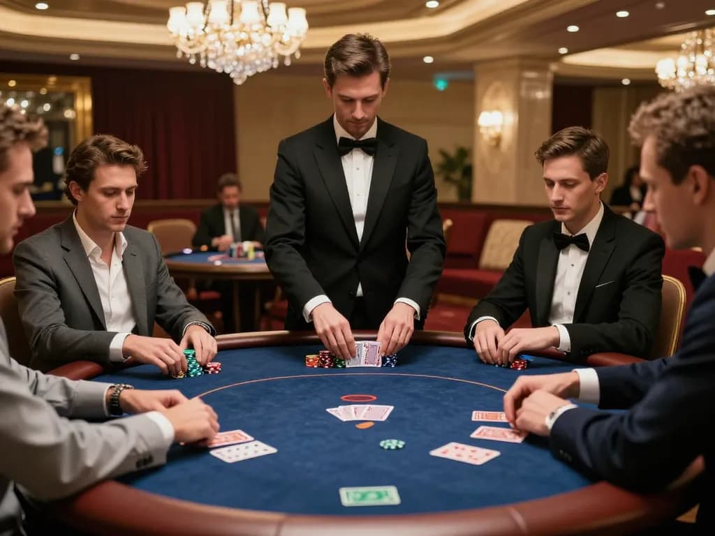 Go8 players engaged in strategic poker game with colorful chips and cards in upscale casino setting