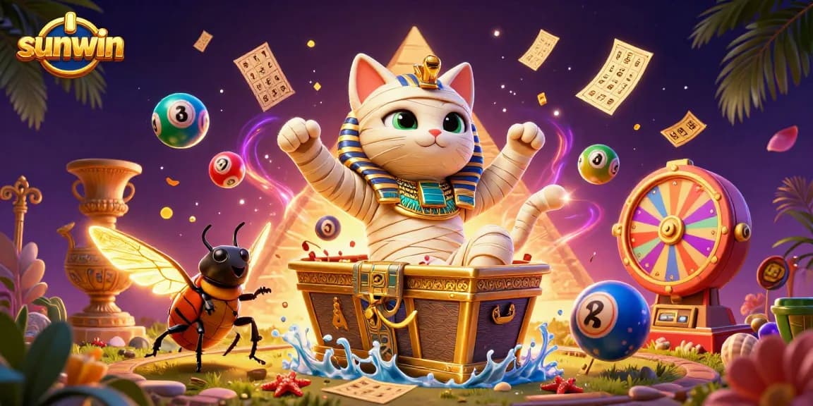 Play exciting casino games with sunwin, featuring an Egyptian mummy cat and colorful lottery elements.