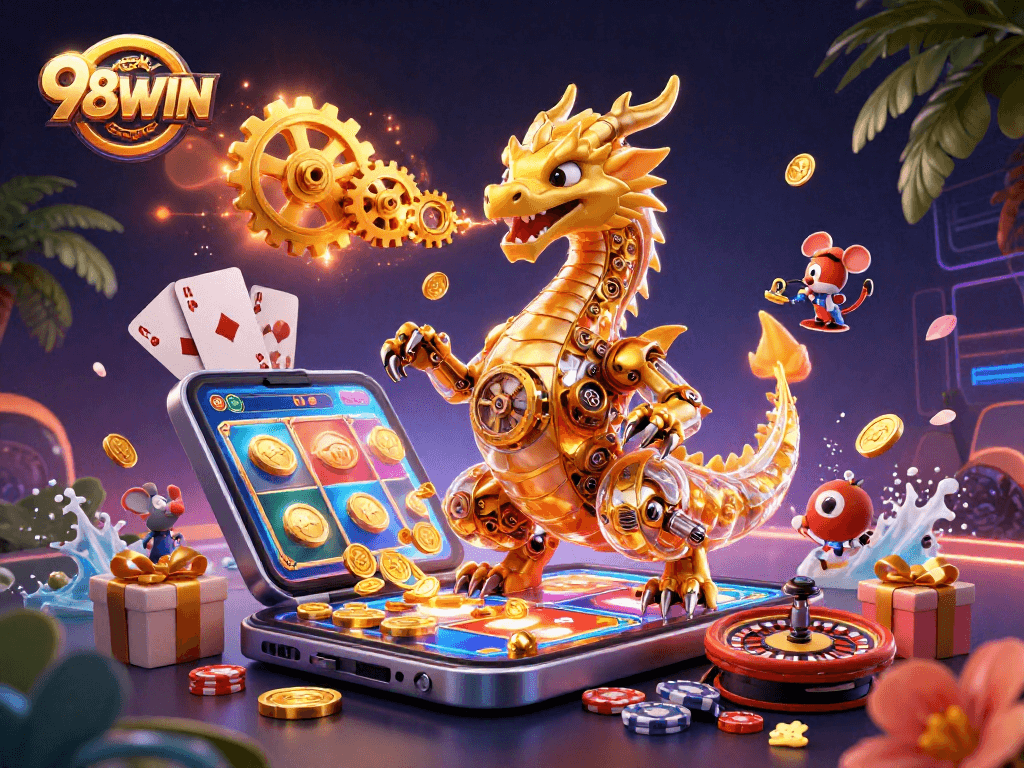 Experience thrilling moments at 98WIN with a vibrant animated scene of gaming excitement.