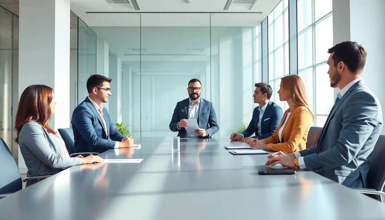 Headhunter Ingenieure berät Kunden in einem modernen Büro über technische Talente.