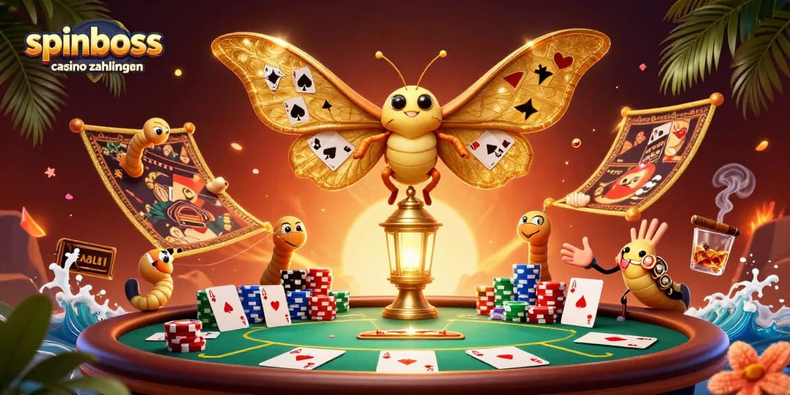 Die Darstellung von SpinBoss Casino Zahlungen zeigt eine bunte Casinowelt mit einem Atlas-Motten und Poker-Elementen.