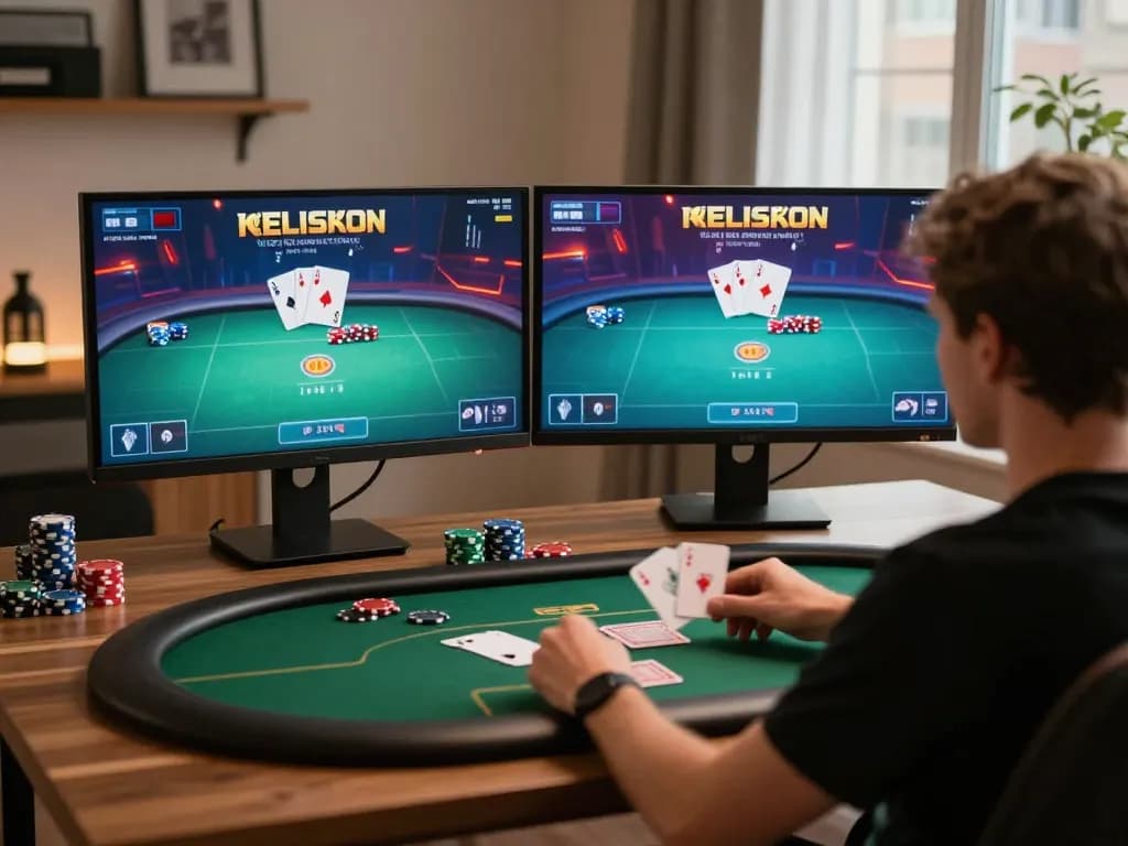 Engaging gameplay showing Thủ thuật cá cược go8 strategies with vivid poker graphics on a dual monitor setup.