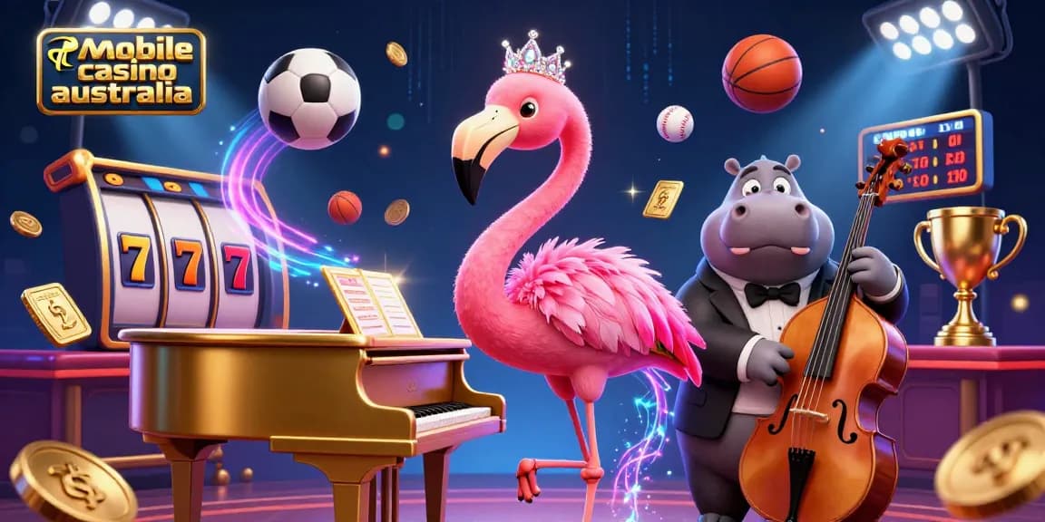 Experience the vibrant world of mobile casino australia with a flamingo singer and hippo bassist surrounded by dynamic gaming elements.