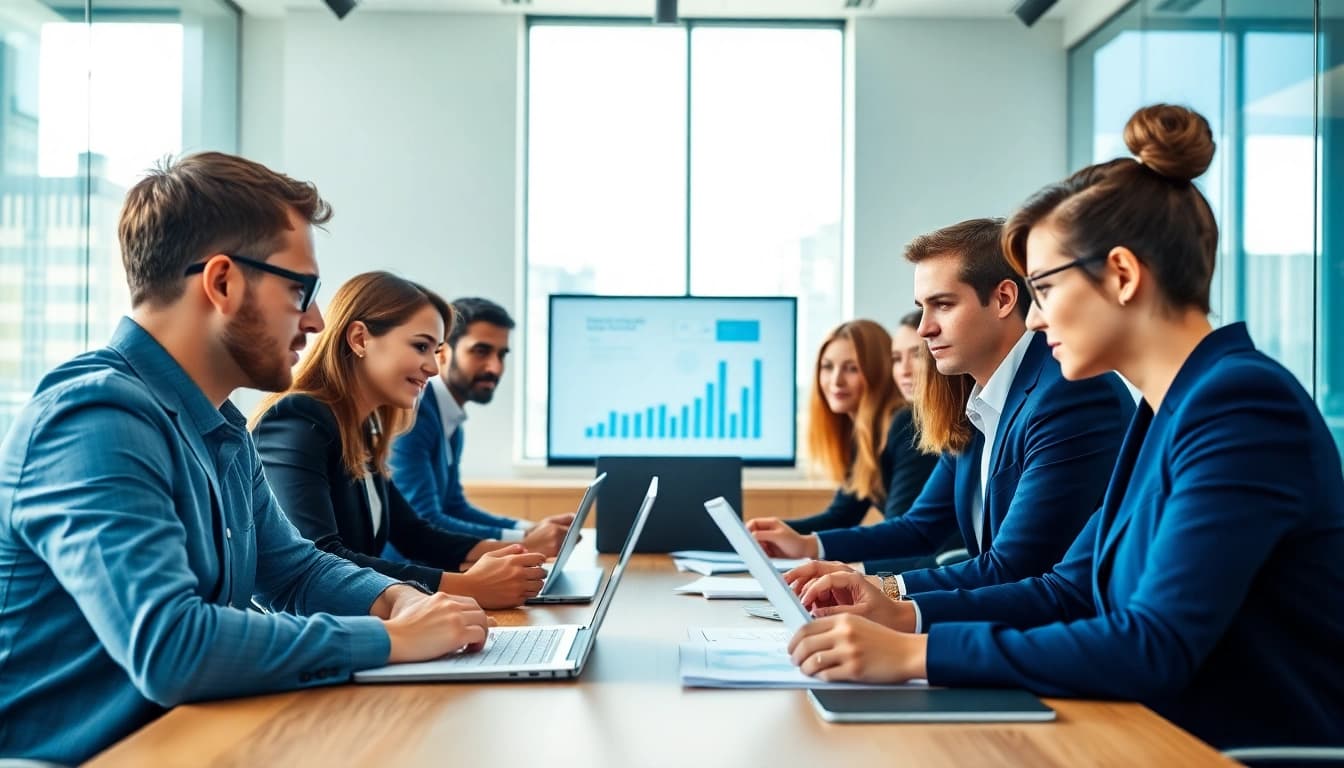 Professionelles Recruiting-Meeting mit Fokus auf Personaldienstleister Vertrieb, das Teamarbeit und die Akquise von Vertriebstalenten betont.