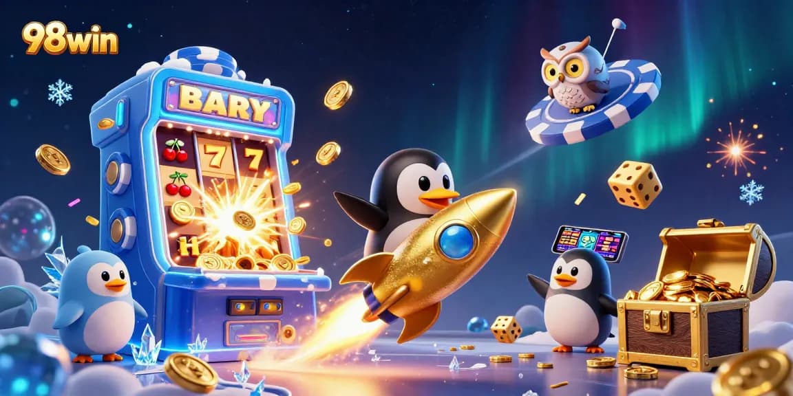 Gamblers enjoy thrilling 98win action with a penguin and golden coins in dynamic casino scene.
