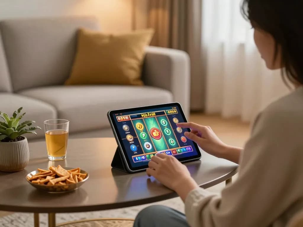 Engaging in game nổ hũ on a tablet in a cozy living room, illustrating a relaxing online gaming experience