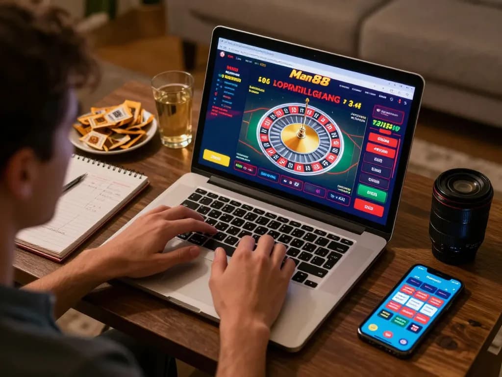 Player enjoying an online Man 88 roulette game on a laptop in a cozy home setting.