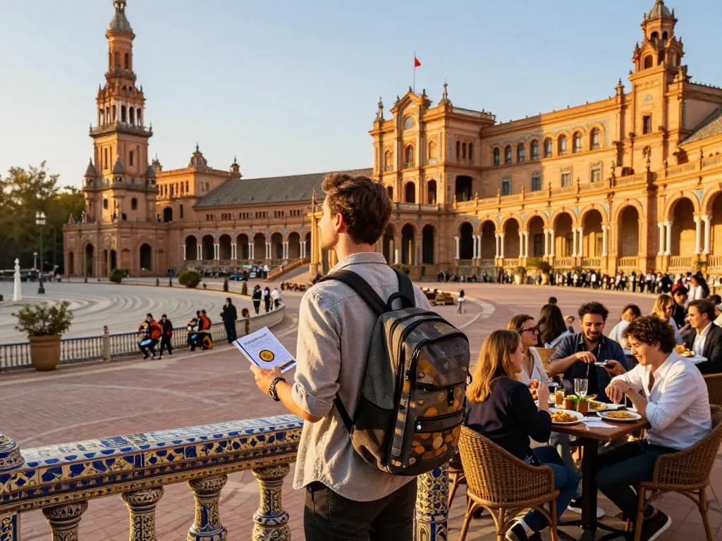 Reisetipps Sevilla - Reisender erkundet die lebhaften Straßen in der Nähe der Plaza de España während der goldenen Stunde