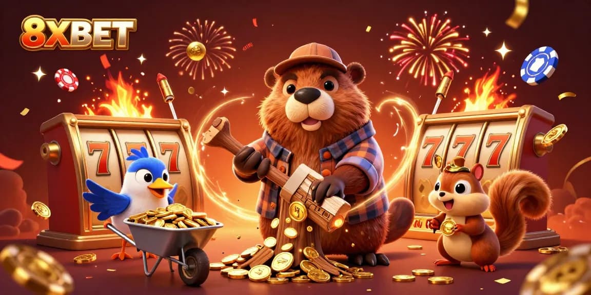 Experience thrilling gaming with 8XBET as characters celebrate with gold coins and casino elements.