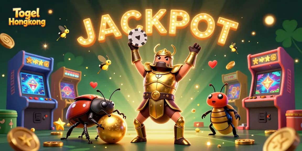 Celebrate Togel Hongkong with a vibrant 3D illustration showcasing casino elements and a winning beetle character.