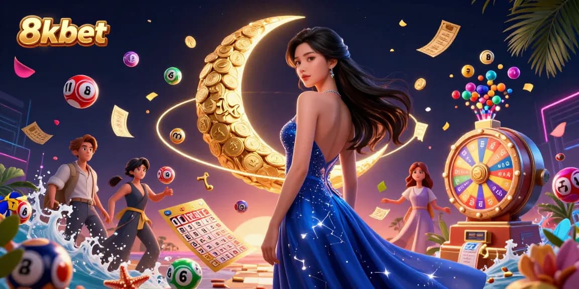 Engage with the 8kbet thrill, featuring a captivating scene of dynamic lottery elements and a stunning Asian beauty.
