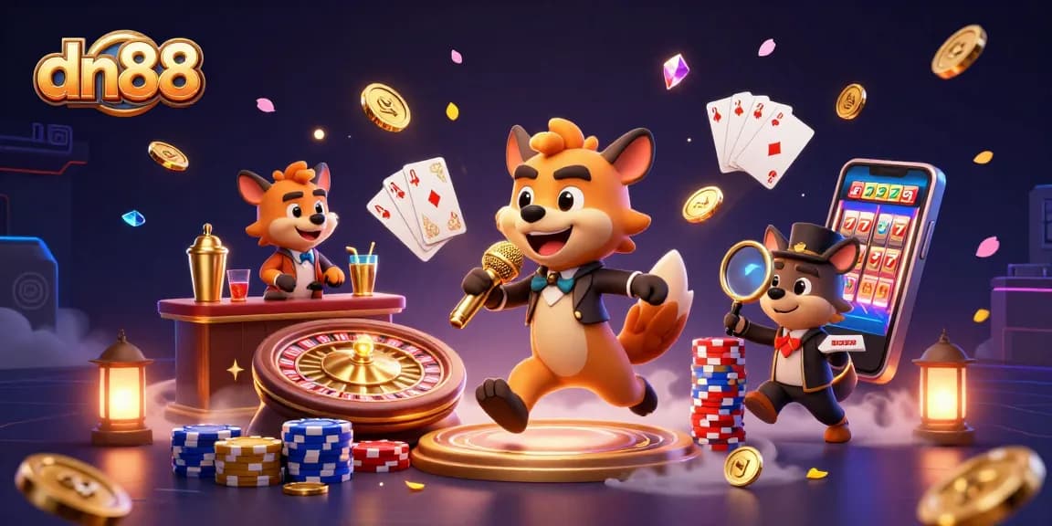 Join the fun at dn88 with hyenas in a lively casino, showcasing games and laughter.