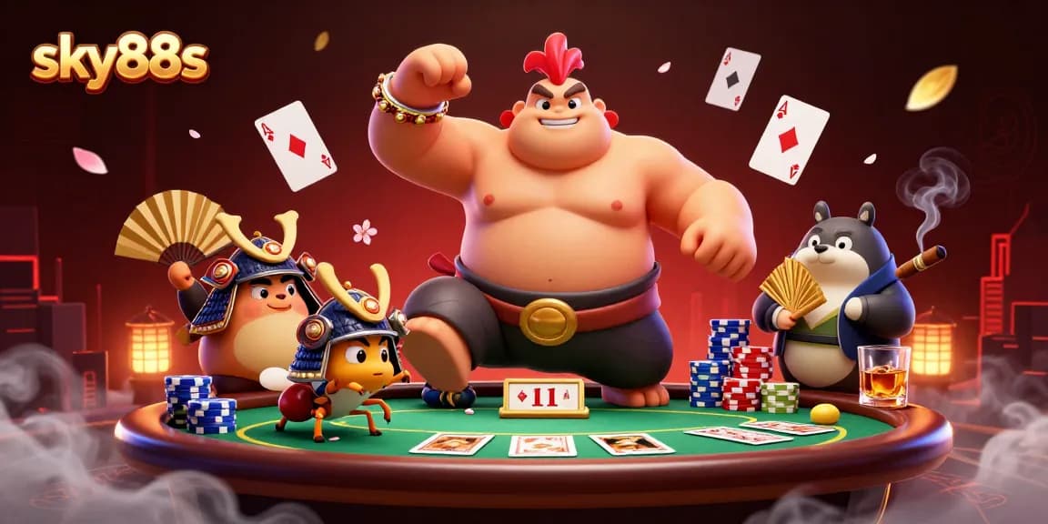 Experience thrilling casino action with sky88s featuring sumo wrestler and samurai cricket.