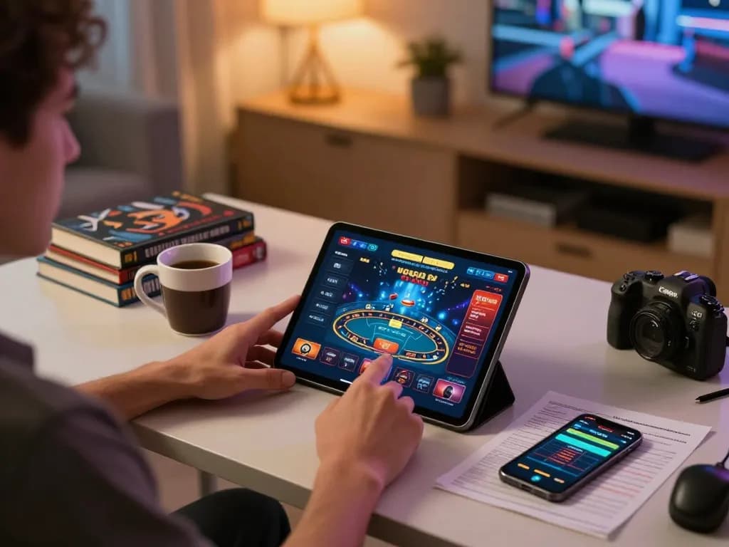 Engaging in responsible online gambling with directregth while playing live dealer games on a tablet in a cozy home office.