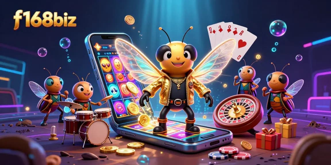 Win at f168biz with a vibrant 3D illustration featuring a cicada rock star in a casino scene with dynamic gaming elements.