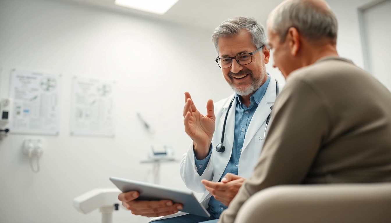 Driada medical – Arztbesuch in freundlicher Umgebung mit Patient und Arzt, Vertrauen schaffen.